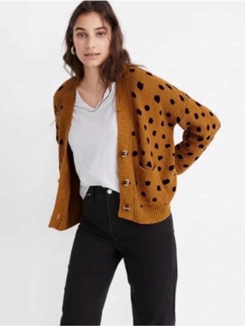 Madewell Mustard Cardigan with Black Polka Dots
